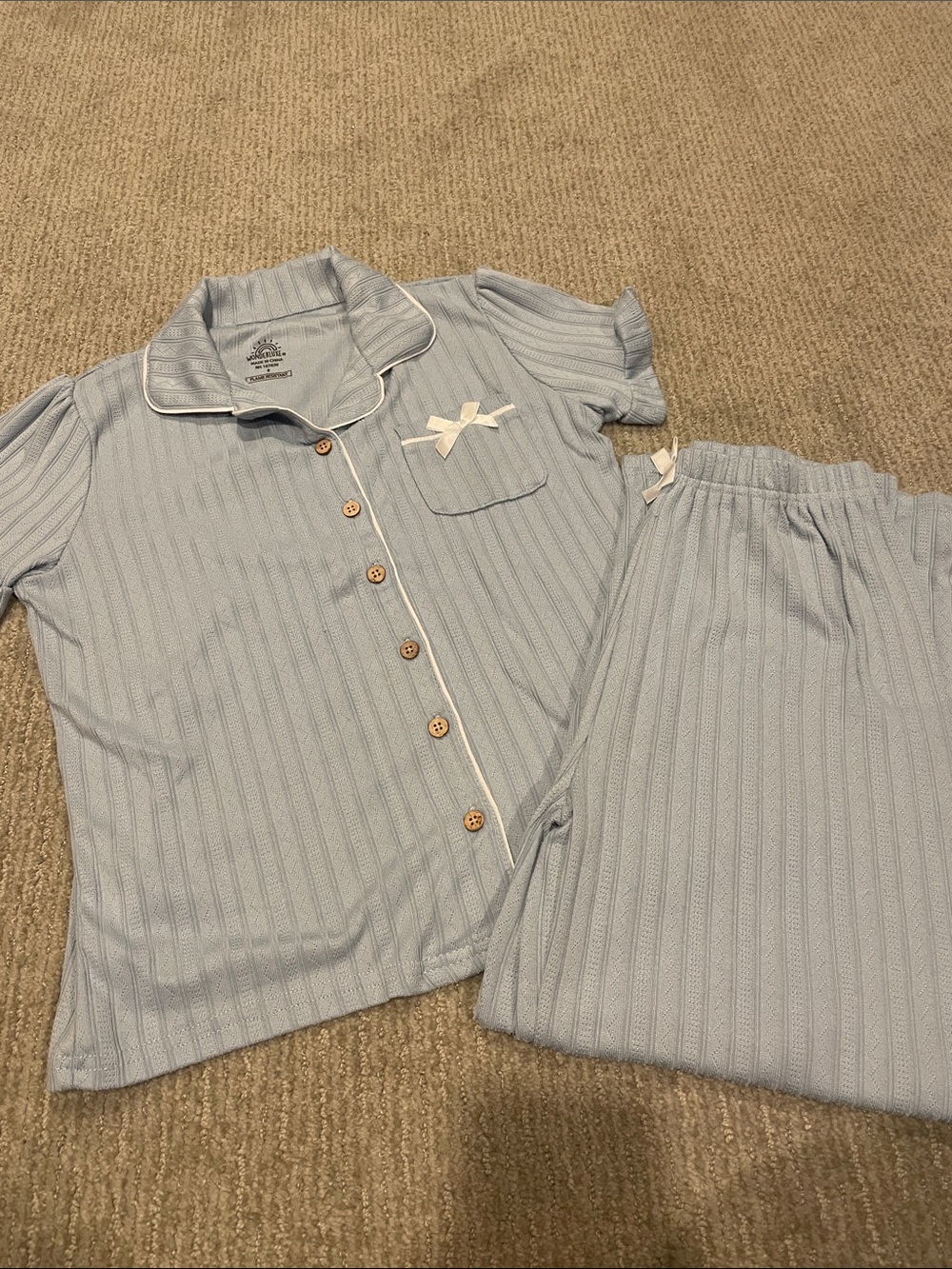 Girls' Light Blue Knit Two-Piece Pajama Set with Pocket Bow
